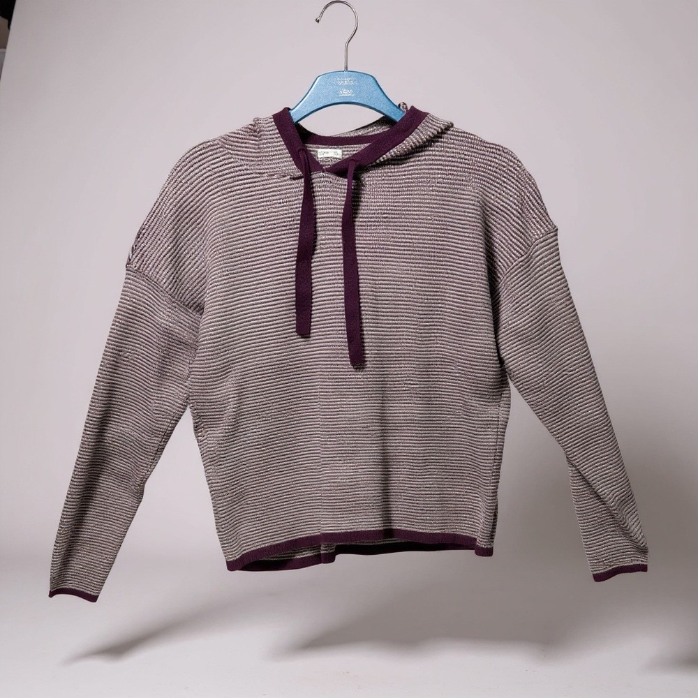 STACCATO Women's Striped Knit Hoodie Pullover Long Sleeve Purple White XL‎